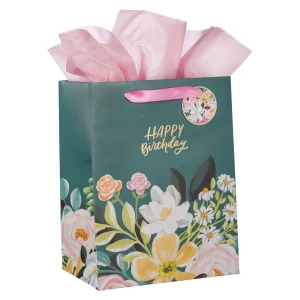 Happy Birthday Dark Floral Portrait Gift Bag with Gift Tag 