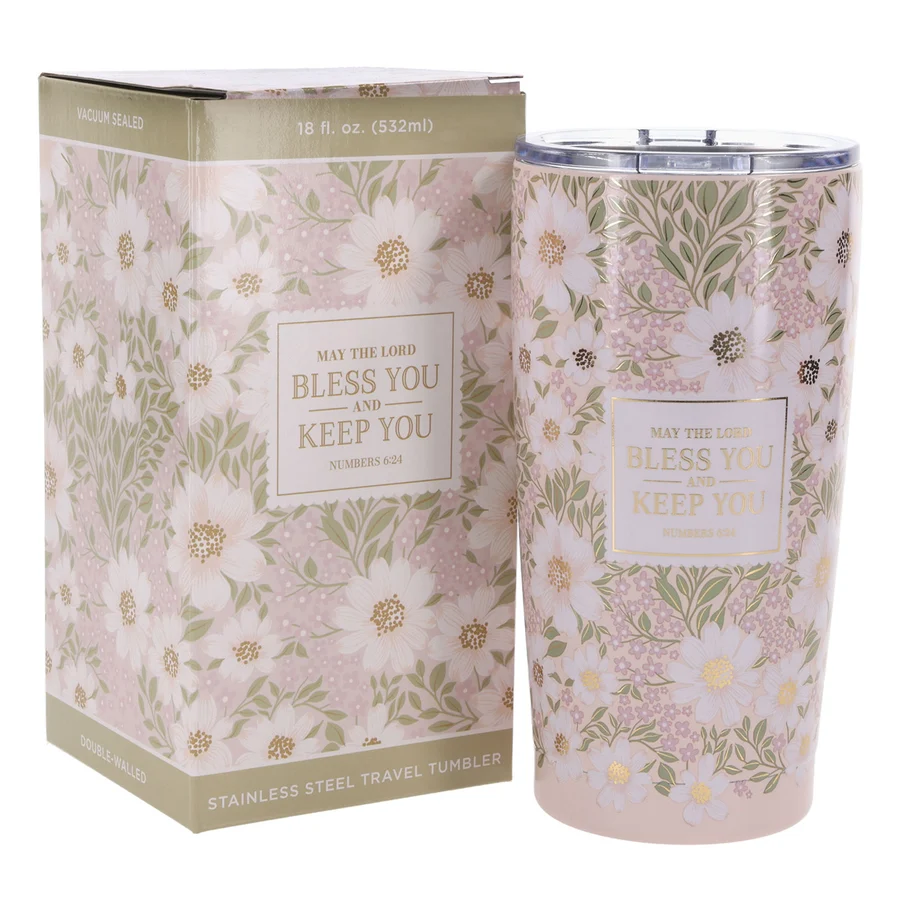 Travel Mug - May the Lord Bless You (Stainless Steel, Pink Floral, with Straw) - Image 2