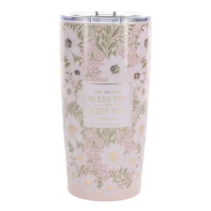 Travel Mug - May the Lord Bless You (Stainless Steel, Pink Floral, with Straw)