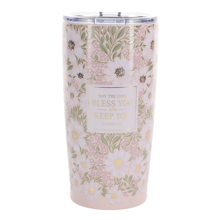 Travel Mug - May the Lord Bless You (Stainless Steel, Pink Floral, with Straw)